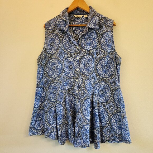 Caffe Marrakesh Blue/White Paisley Sleeveless Tunic Button Tank Top Women L Chic - Picture 1 of 14